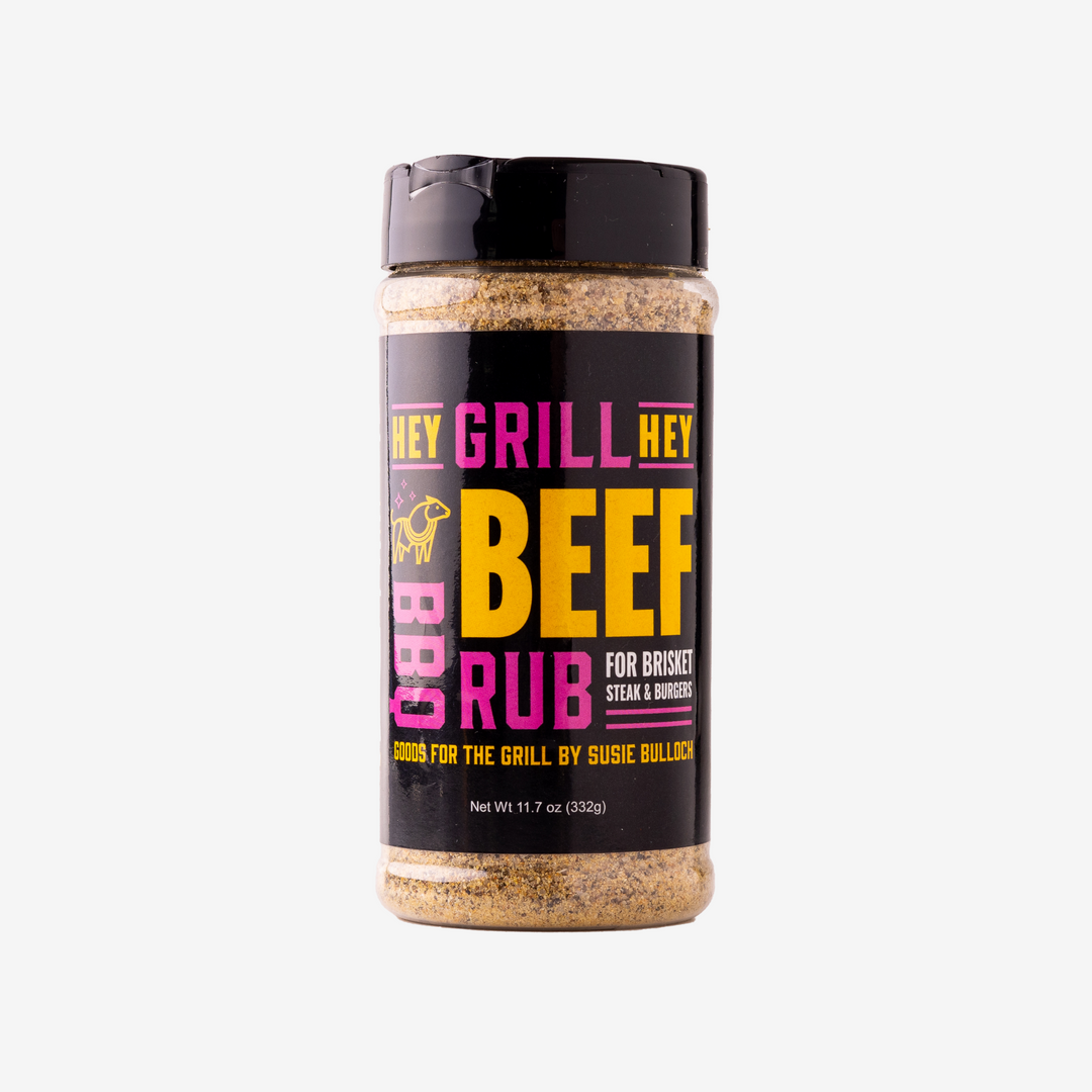 Bottle of Hey Grill Hey Beef Rub against a white background.