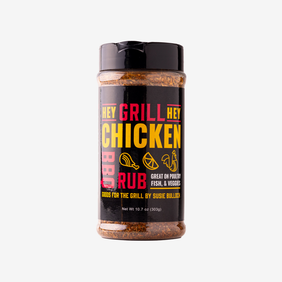 A bottle of Hey Grill Hey Chicken Rub against a white background.