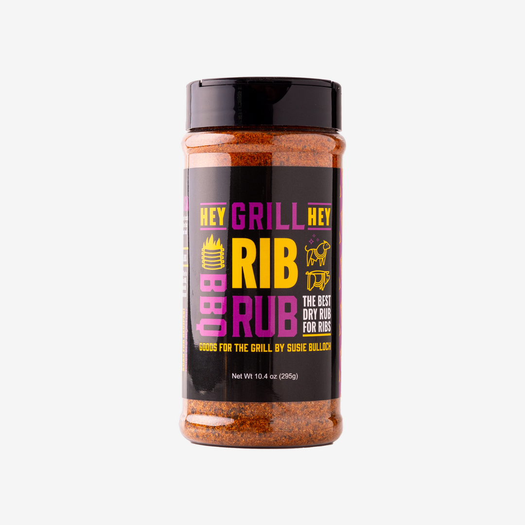A bottle of Hey Grill Hey Rib Rub against a white background. 