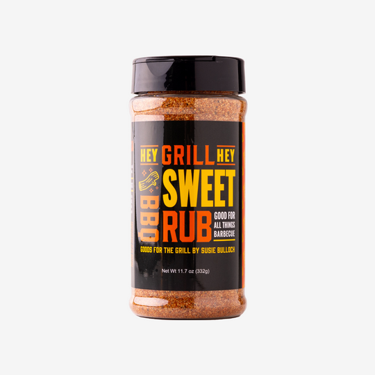 A bottle of Hey Grill Hey Sweet Rub against a white background.
