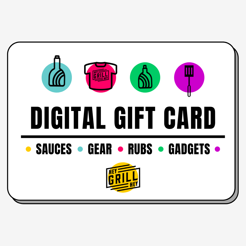 A digital design of a card labeled "digital gift card" and a Hey Grill Hey logo. 