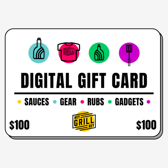A digital design of a card labeled "digital gift card" and a Hey Grill Hey logo, with $100 in the corner.